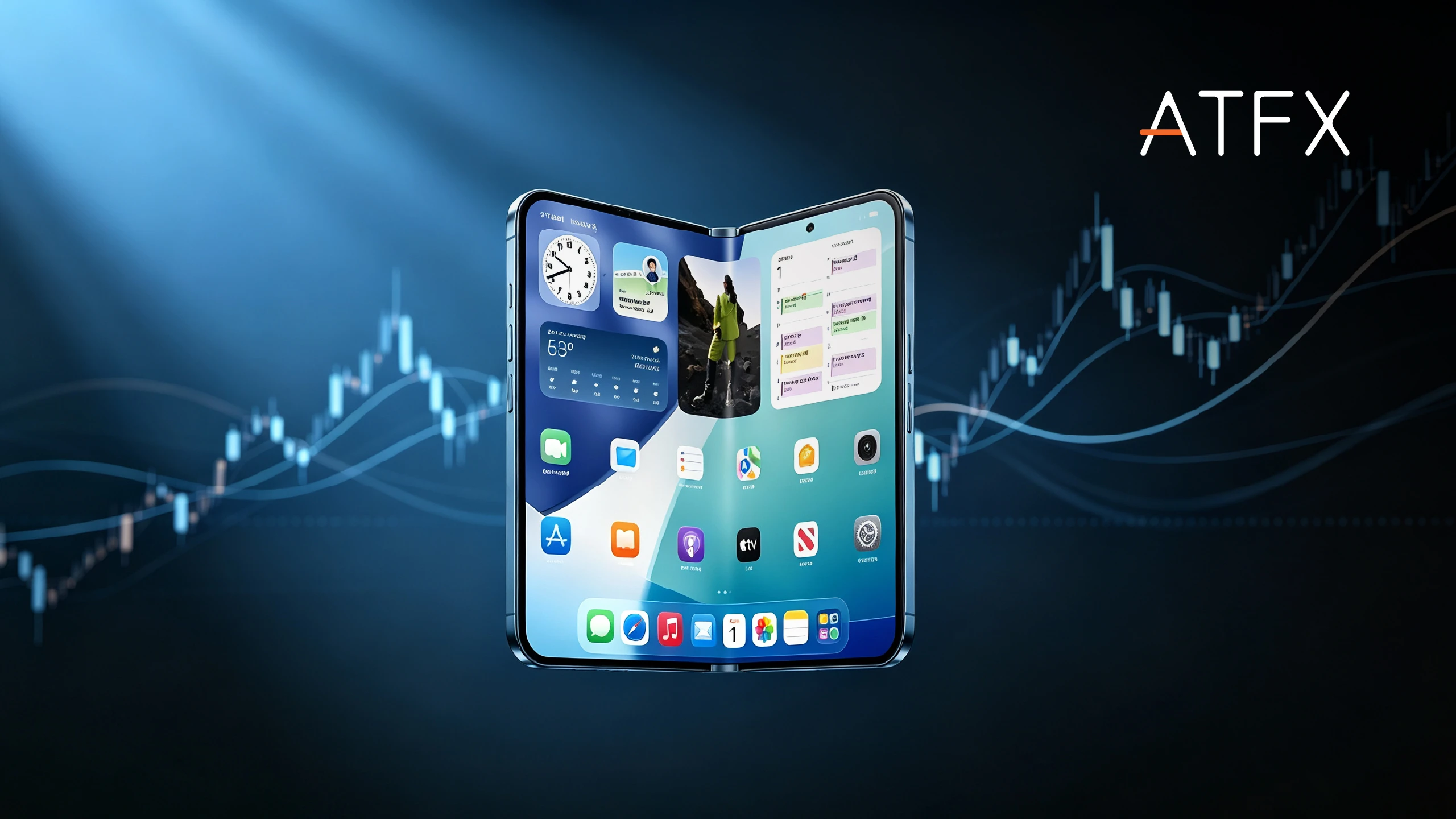 ATFX graphic with a foldable smartphone, market charts and the ATFX logo on a dark blue financial background