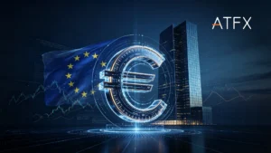 ATFX daily market commentary graphic with EU flag, glowing euro symbol, financial building and ATFX logo