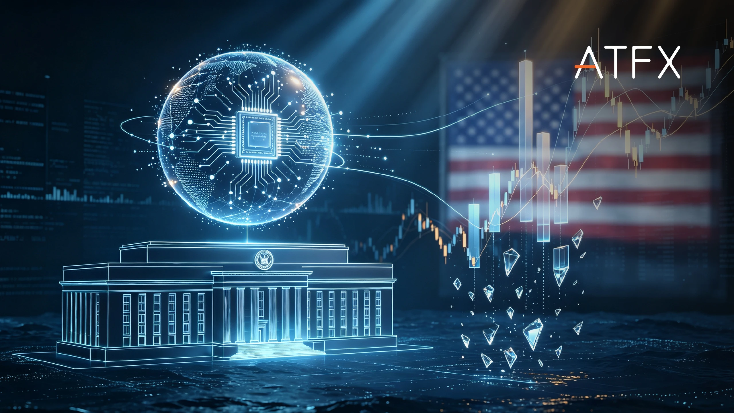 ATFX market commentary graphic showing a digital AI chip globe, US Federal Reserve building, US flag and financial charts with ATFX logo.