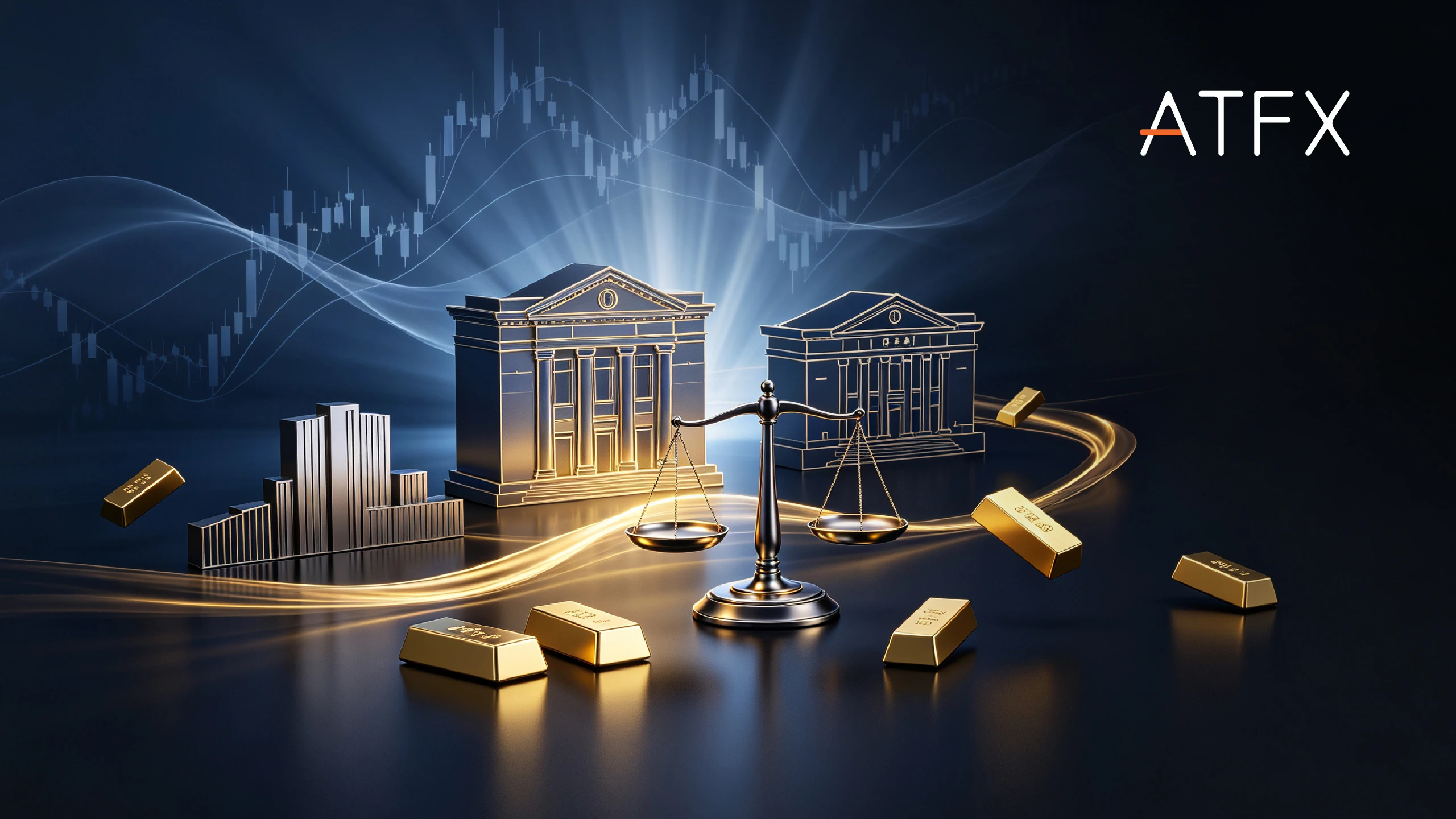 Dark market graphic with gold bars, scales, two bank buildings, a glowing candlestick chart and "ATFX" at upper right.