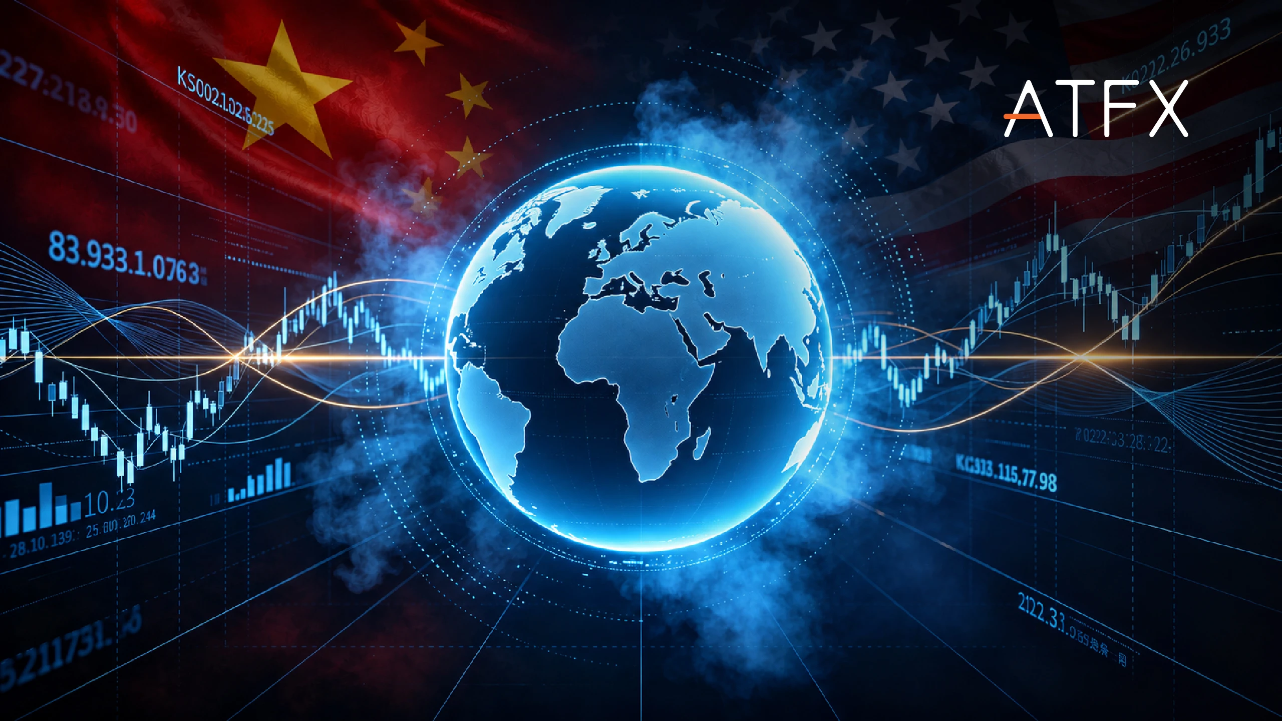 Chinese and U.S. flags frame a glowing globe and market charts, with the "ATFX" logo at upper right.