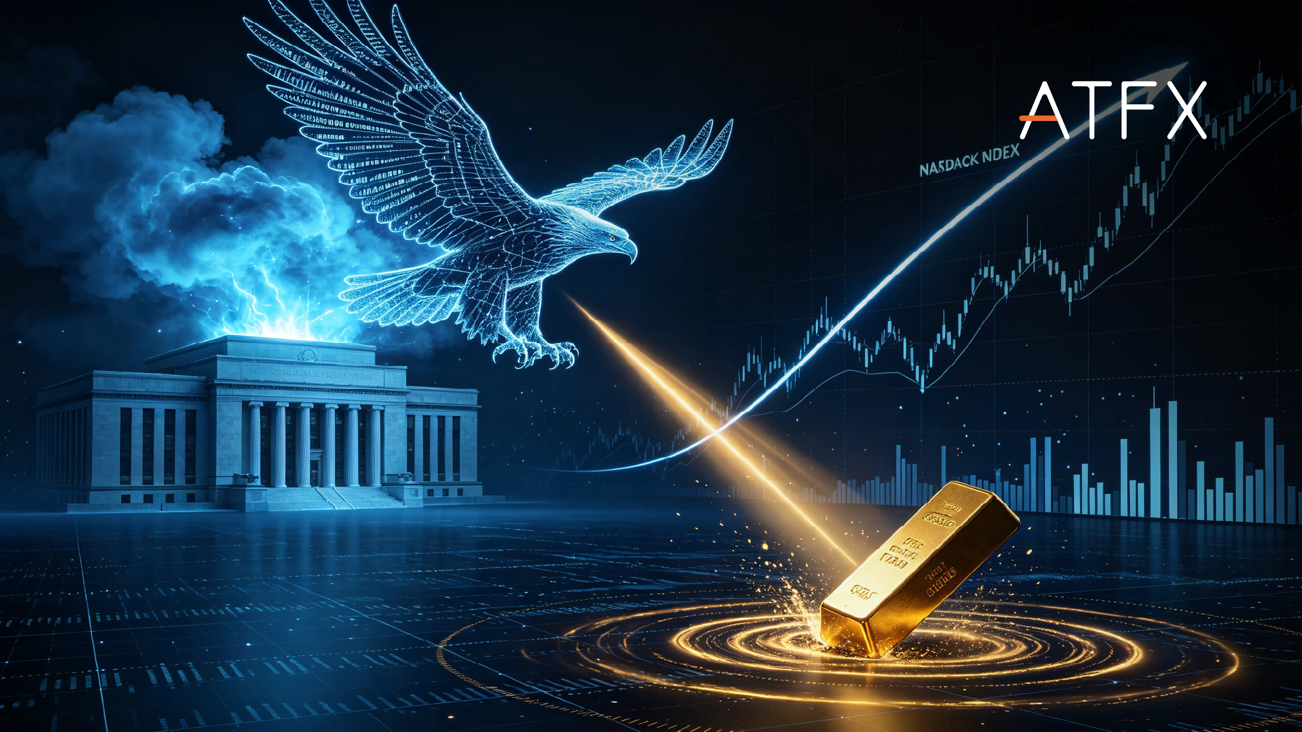 A glowing eagle flies over the Fed, a rising Nasdaq chart and a gold bar, with “ATFX” and “NASDAQ INDEX” visible.