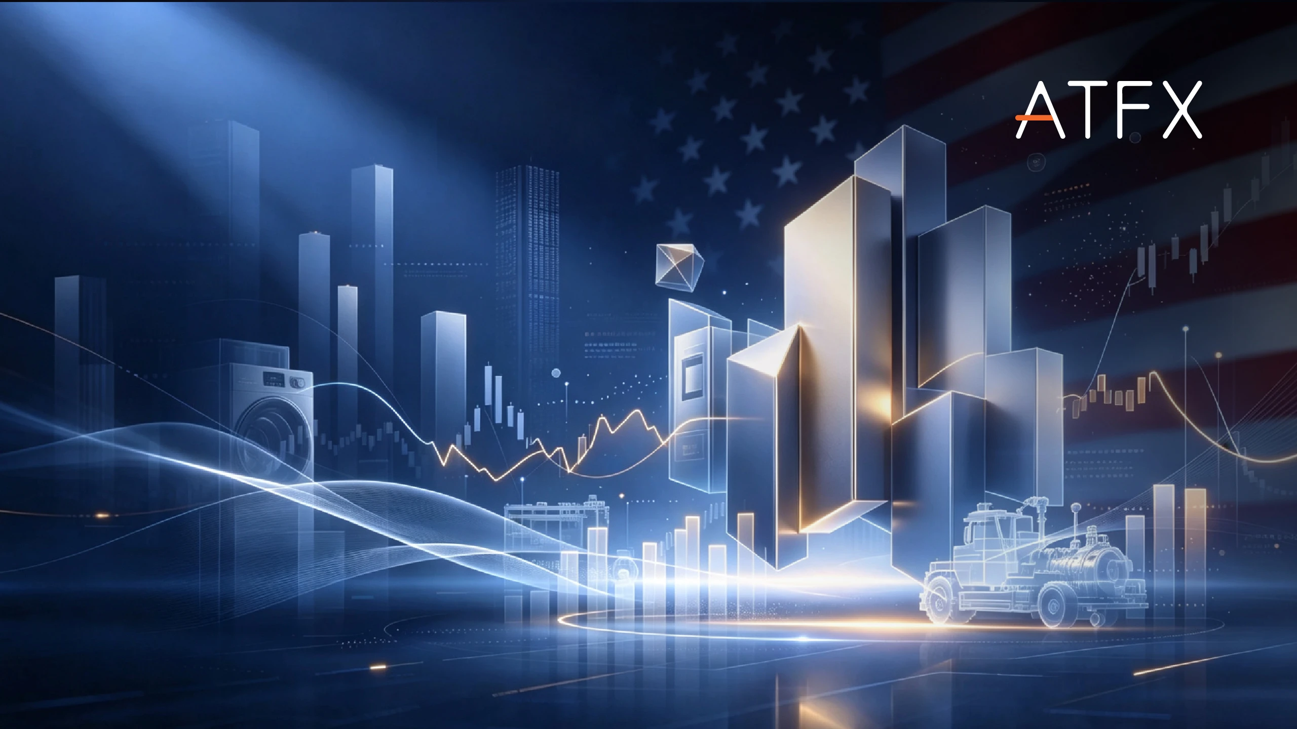 ATFX market commentary graphic with blue financial skyline, charts, U.S. flag background, buildings and trading icons.