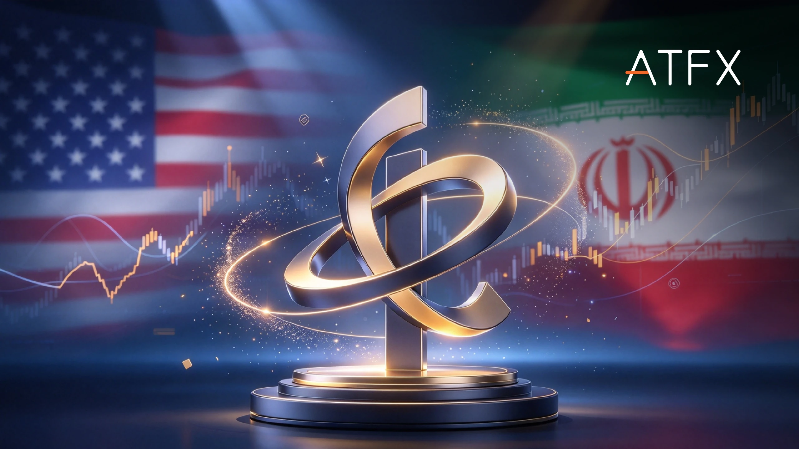 ATFX daily market commentary graphic featuring US and Iran flags, financial charts, a central gold emblem and ATFX logo.