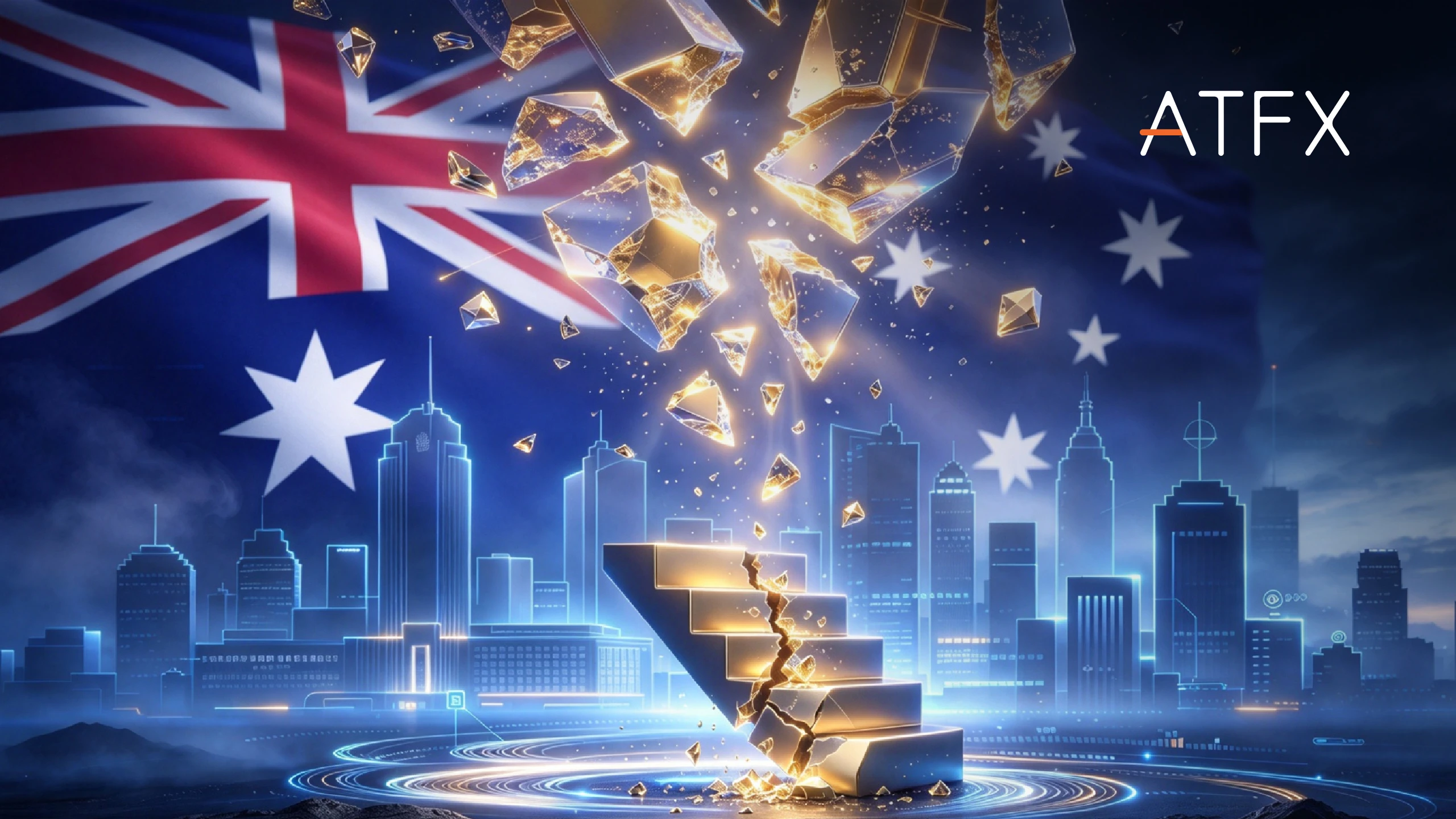 ATFX daily market commentary graphic with Australian flag, glowing gold fragments, city skyline and staircase dated 29 September 2026.
