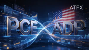 ATFX Price Action graphic with large metallic "PRICE ACTION" text, market charts, US flag and digital finance elements.