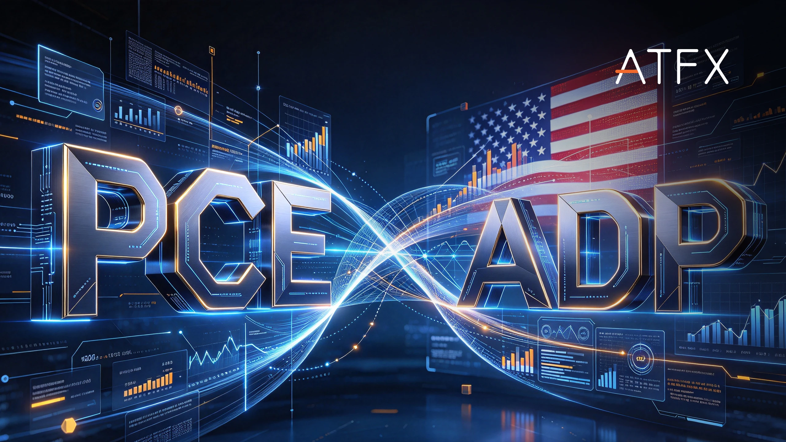 ATFX Price Action graphic with large metallic "PRICE ACTION" text, market charts, US flag and digital finance elements.