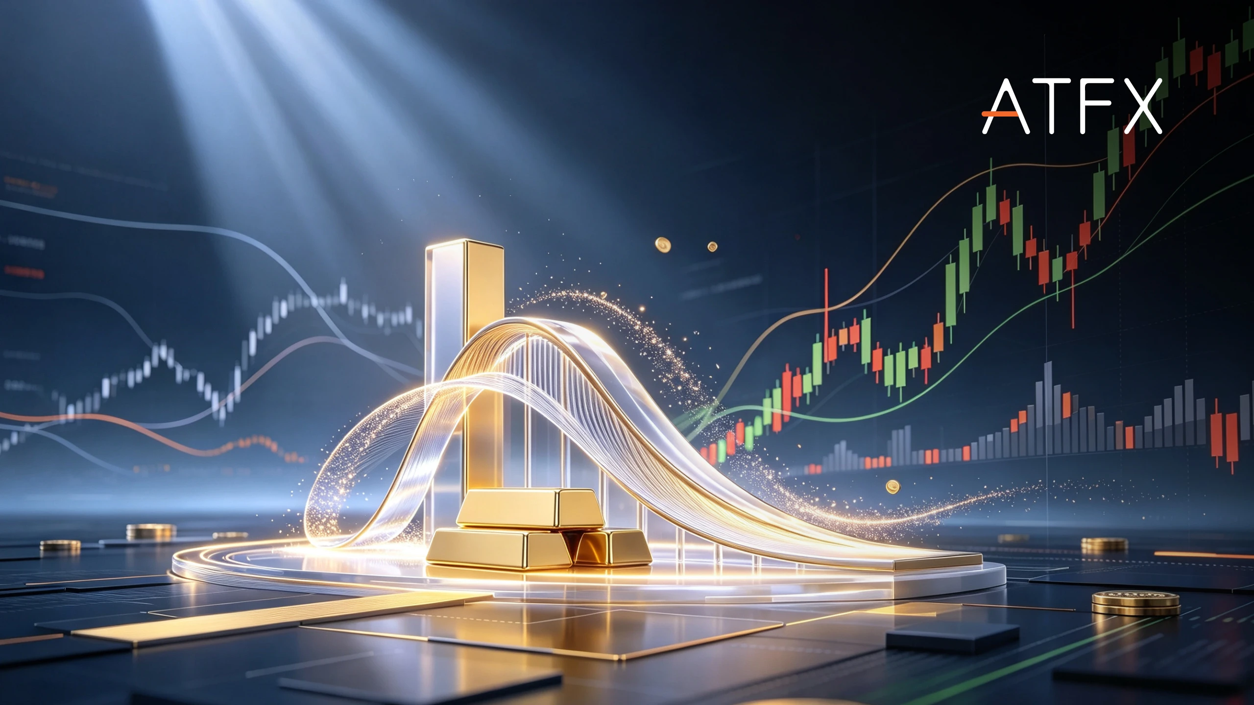 Gold bars, coins and glowing market waves beneath a rising candlestick chart, with "ATFX" at top right.