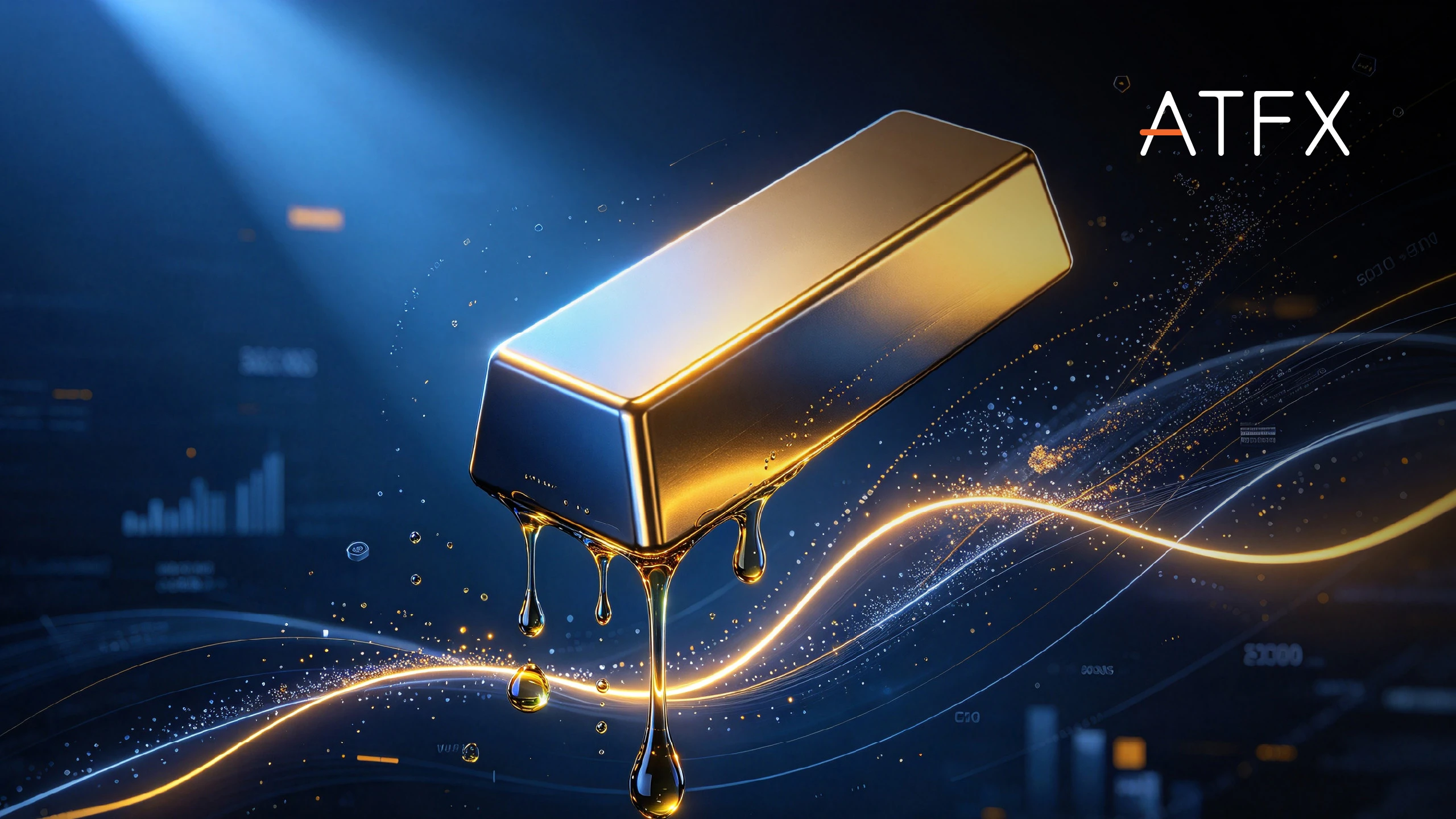 A gleaming gold bar dripping molten gold above glowing market waves on a dark trading backdrop, with "ATFX" at top right.