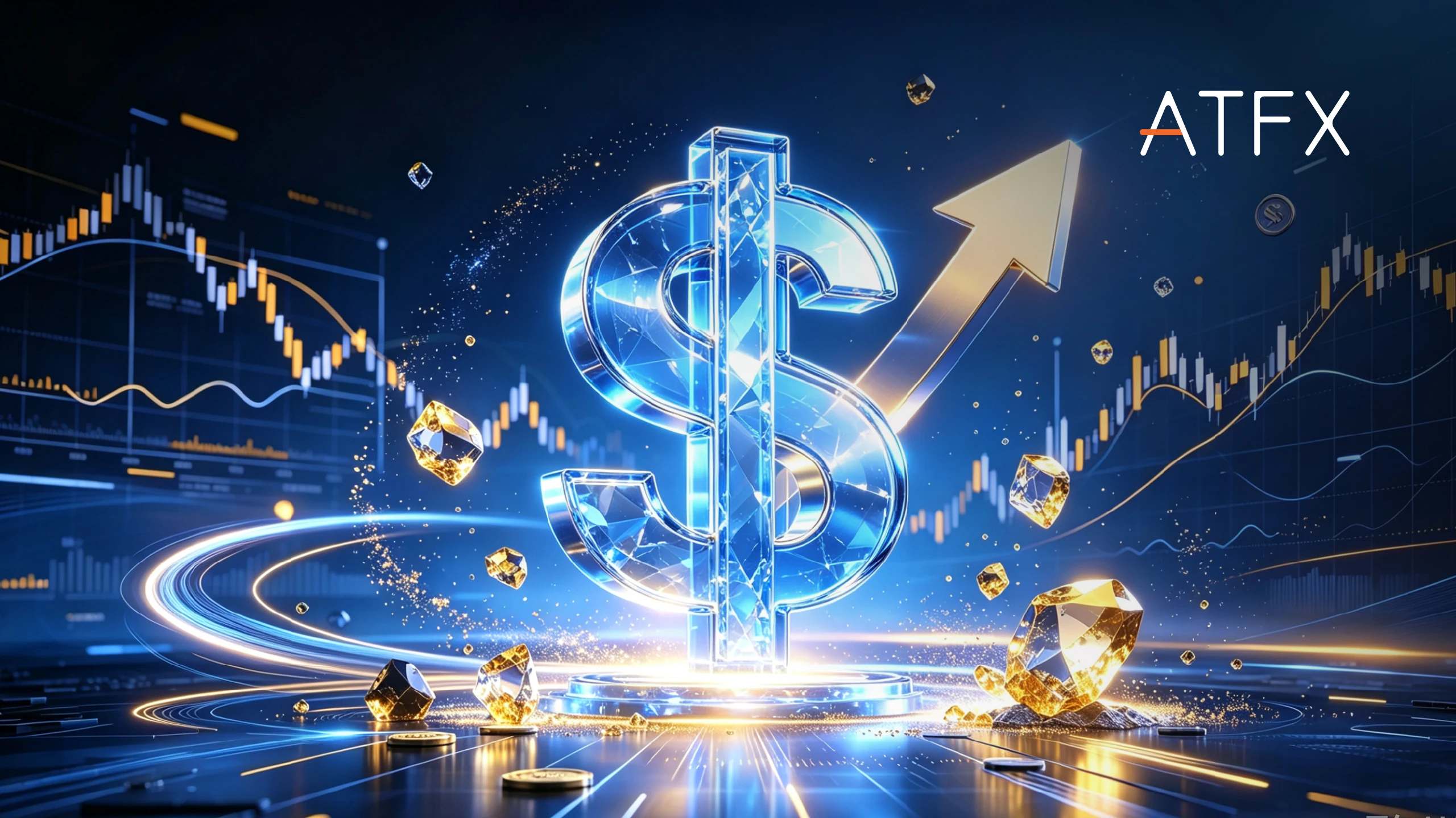 A glowing blue crystal dollar sign next to a golden upward arrow and gems, featuring the "ATFX" logo.