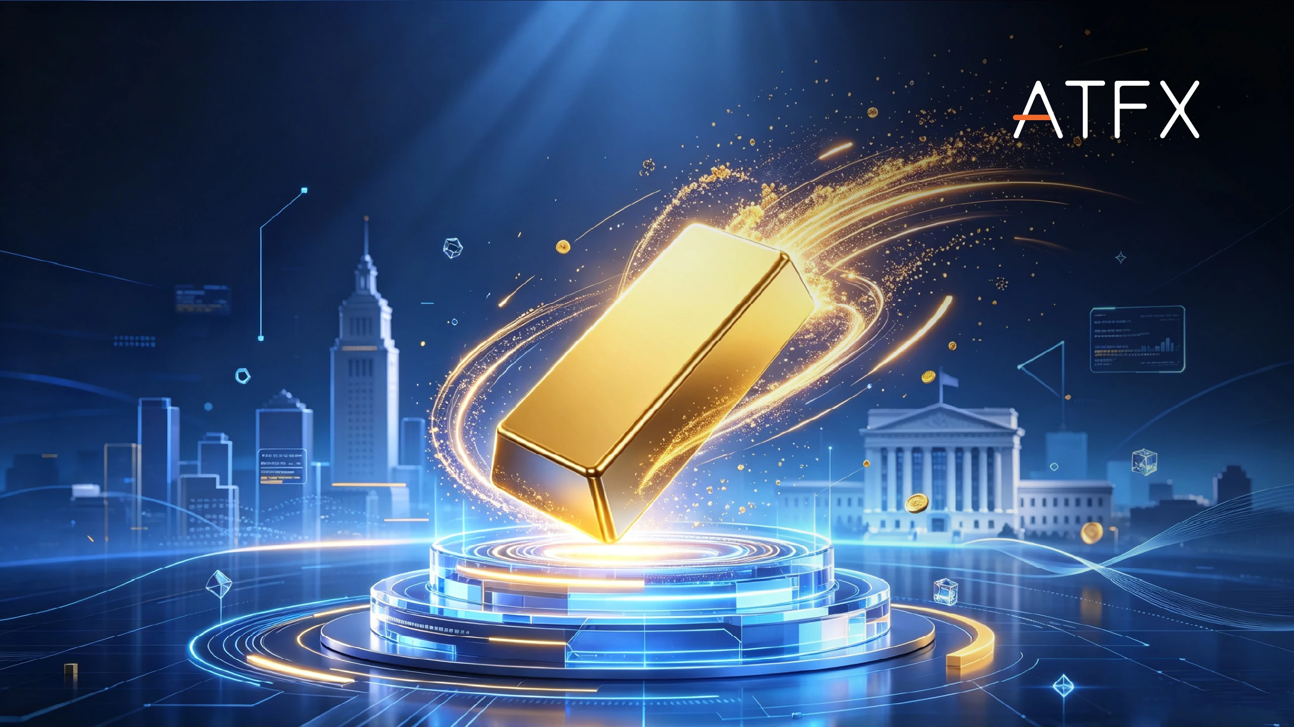 A golden bar floats on a glowing blue digital pedestal with a cityscape background and the ATFX logo in the top right.