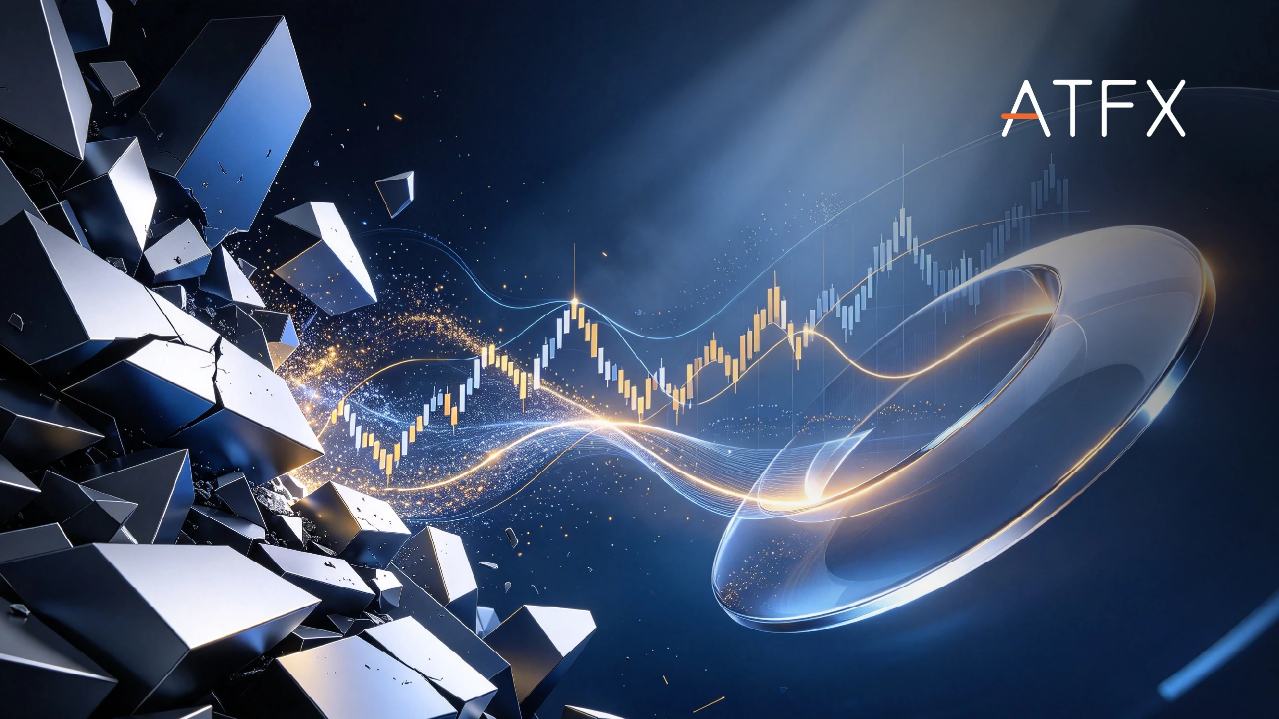 Abstract graphic with dark metallic shards, a glowing candlestick chart wave, a silver ring, and the white logo "ATFX".