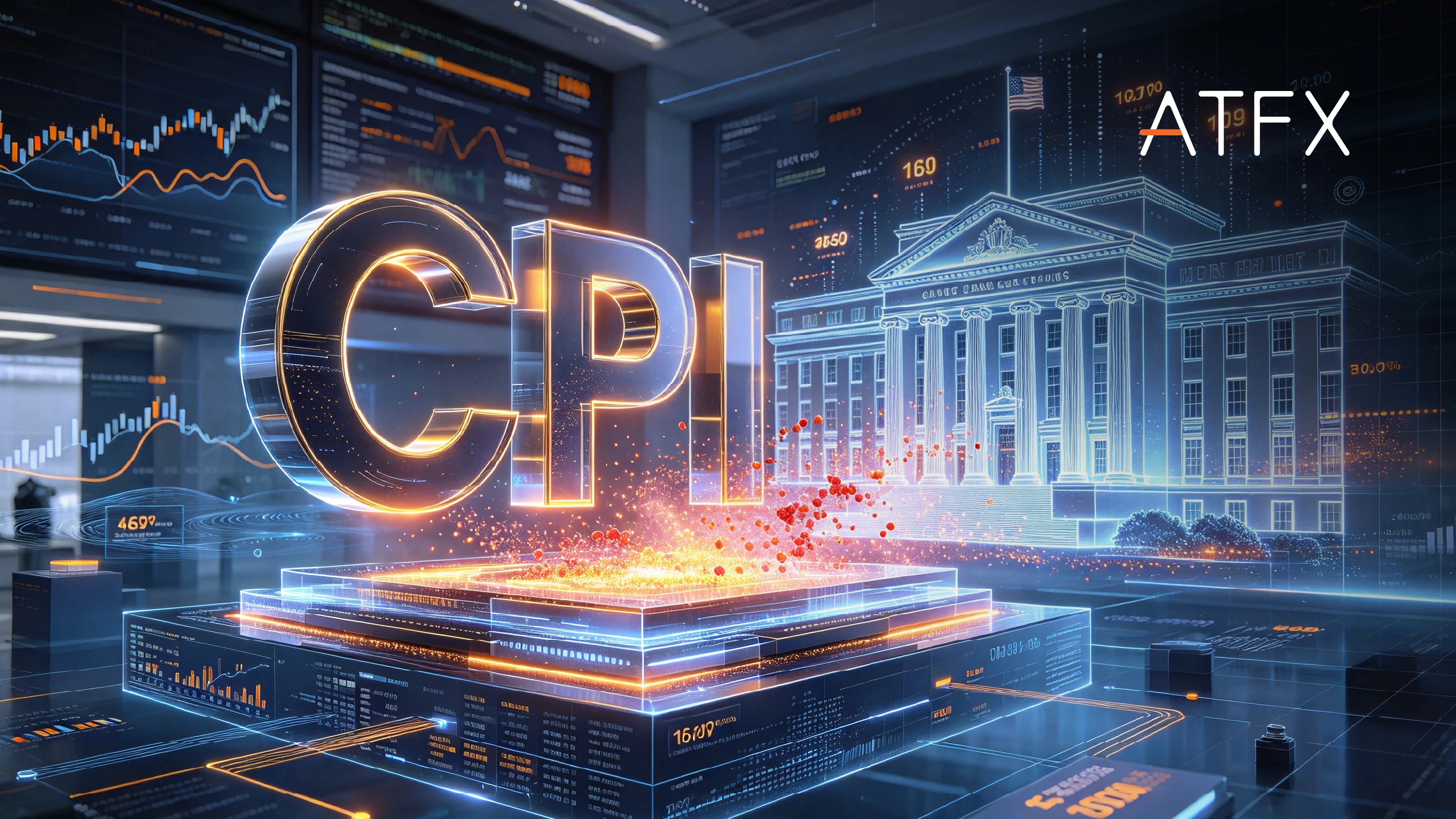 A digital illustration of a glowing 3D CPI sign on a tech platform near a wireframe building and the ATFX logo.