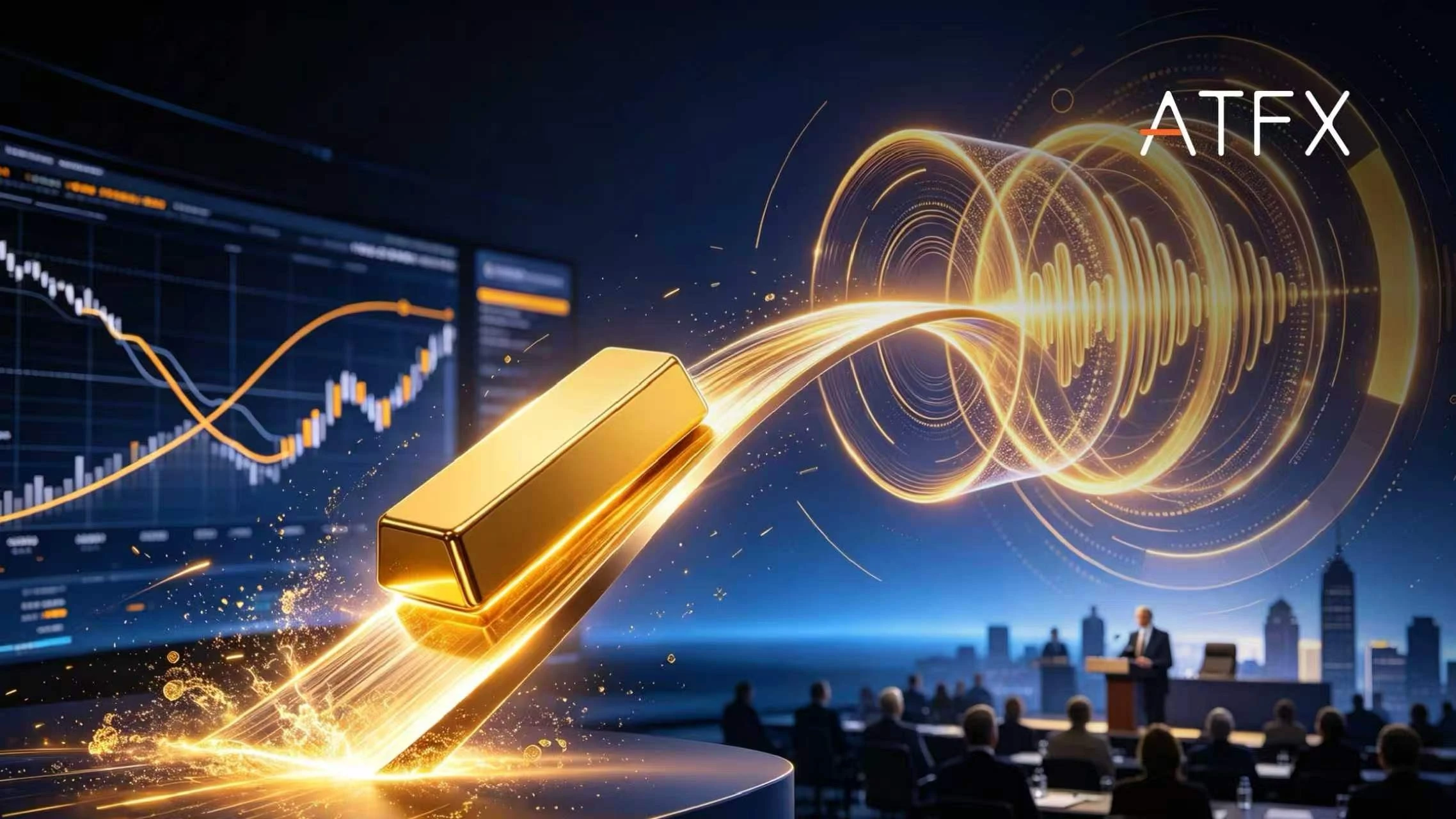 A gold bar glides on a light path toward glowing soundwaves, with the ATFX logo above an audience watching a speaker.