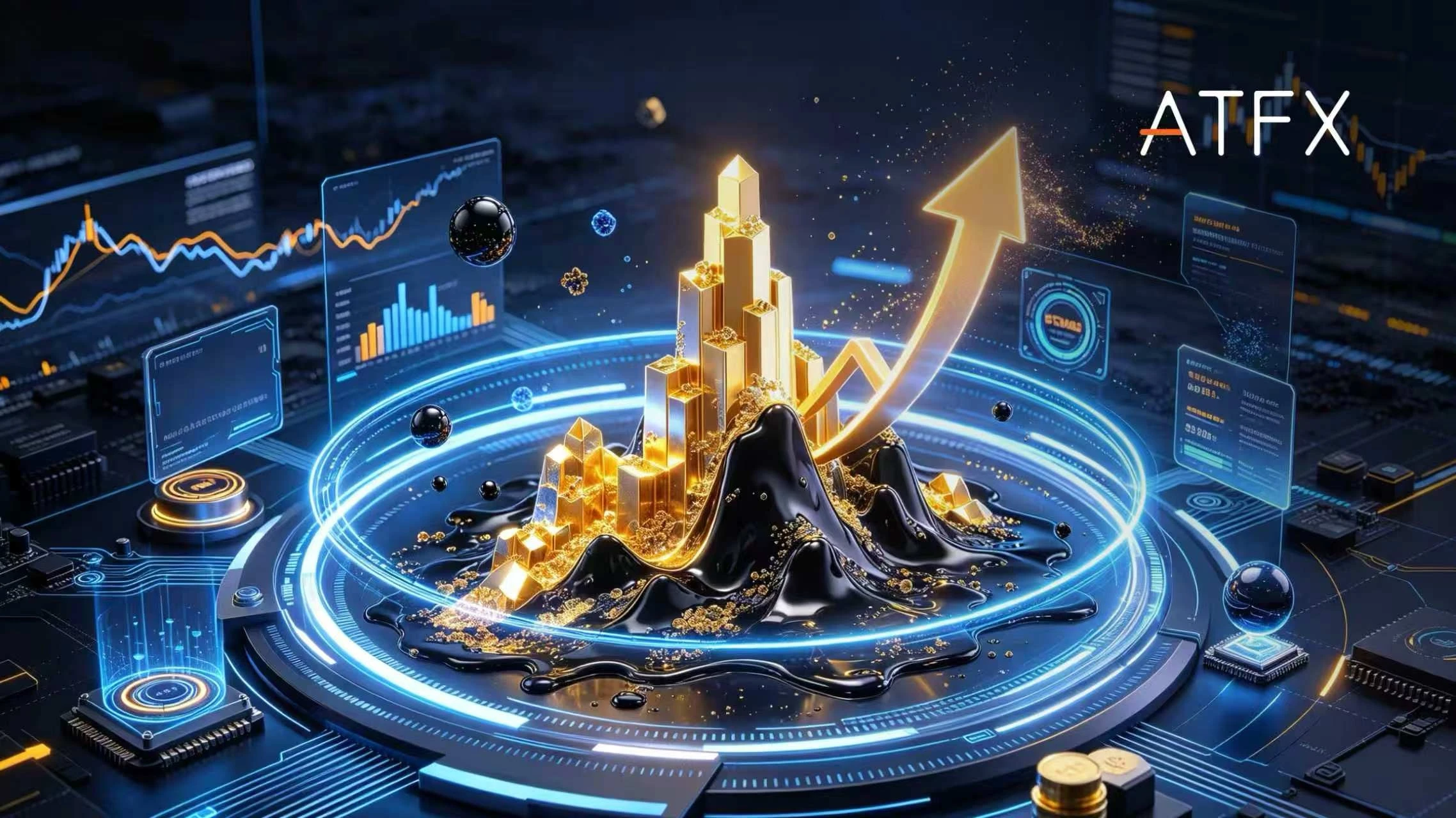 Golden bar charts rising from black fluid with an upward arrow on a blue digital platform with the ATFX logo.