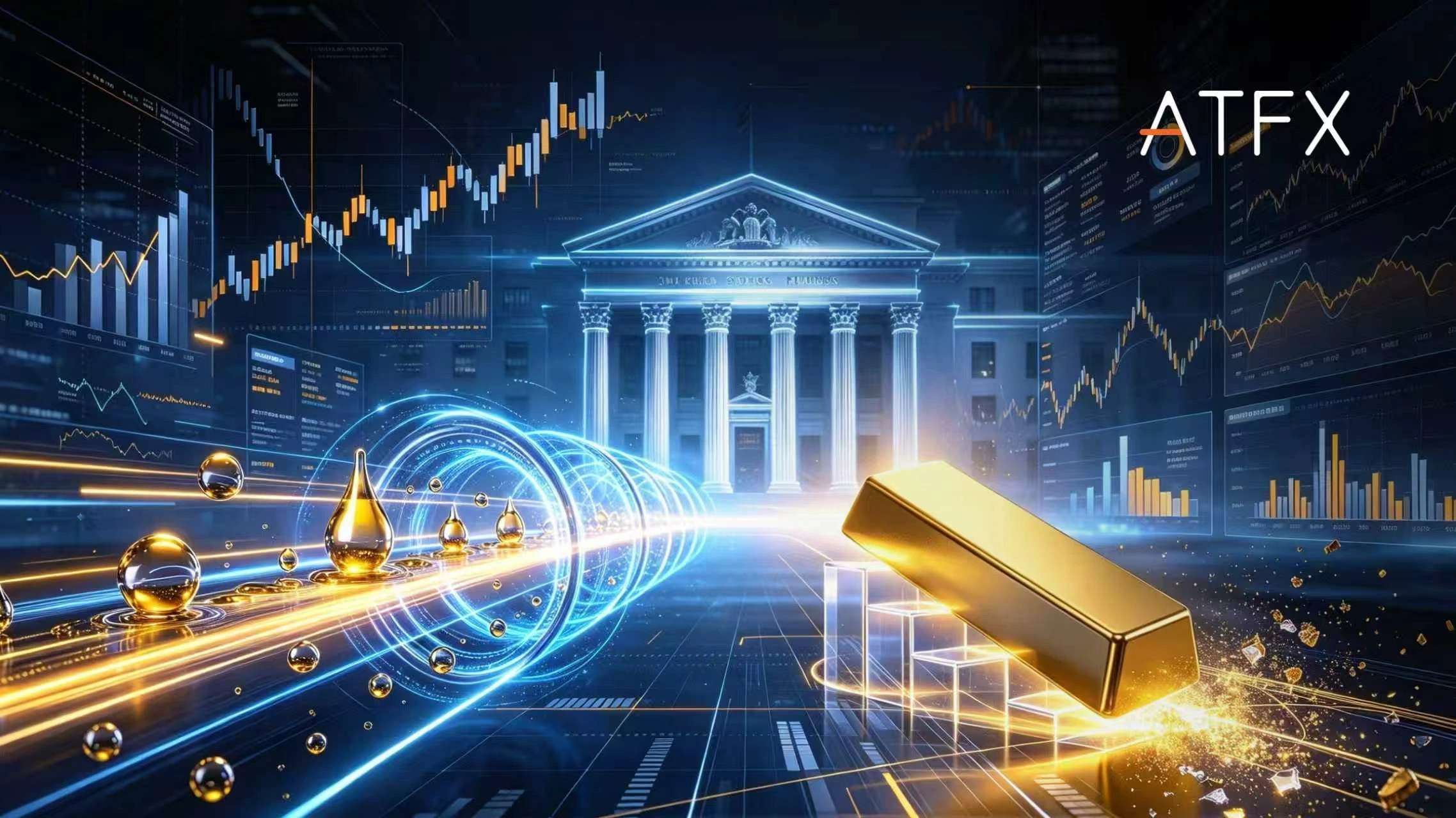 A gold bar and glowing oil droplets before a digital neoclassical building with charts and the "ATFX" logo.