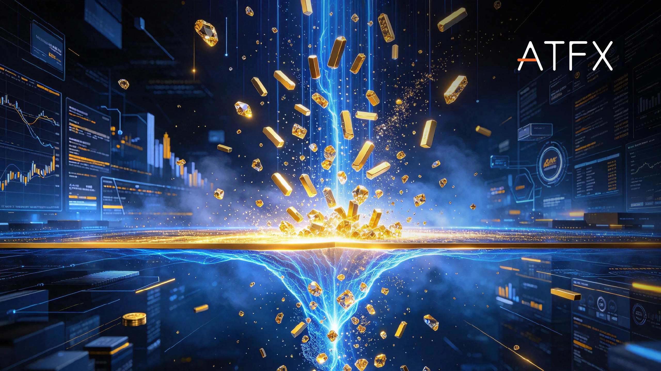 Gold bars and crystals fall through a blue energy vortex against digital stock market charts and the ATFX logo.
