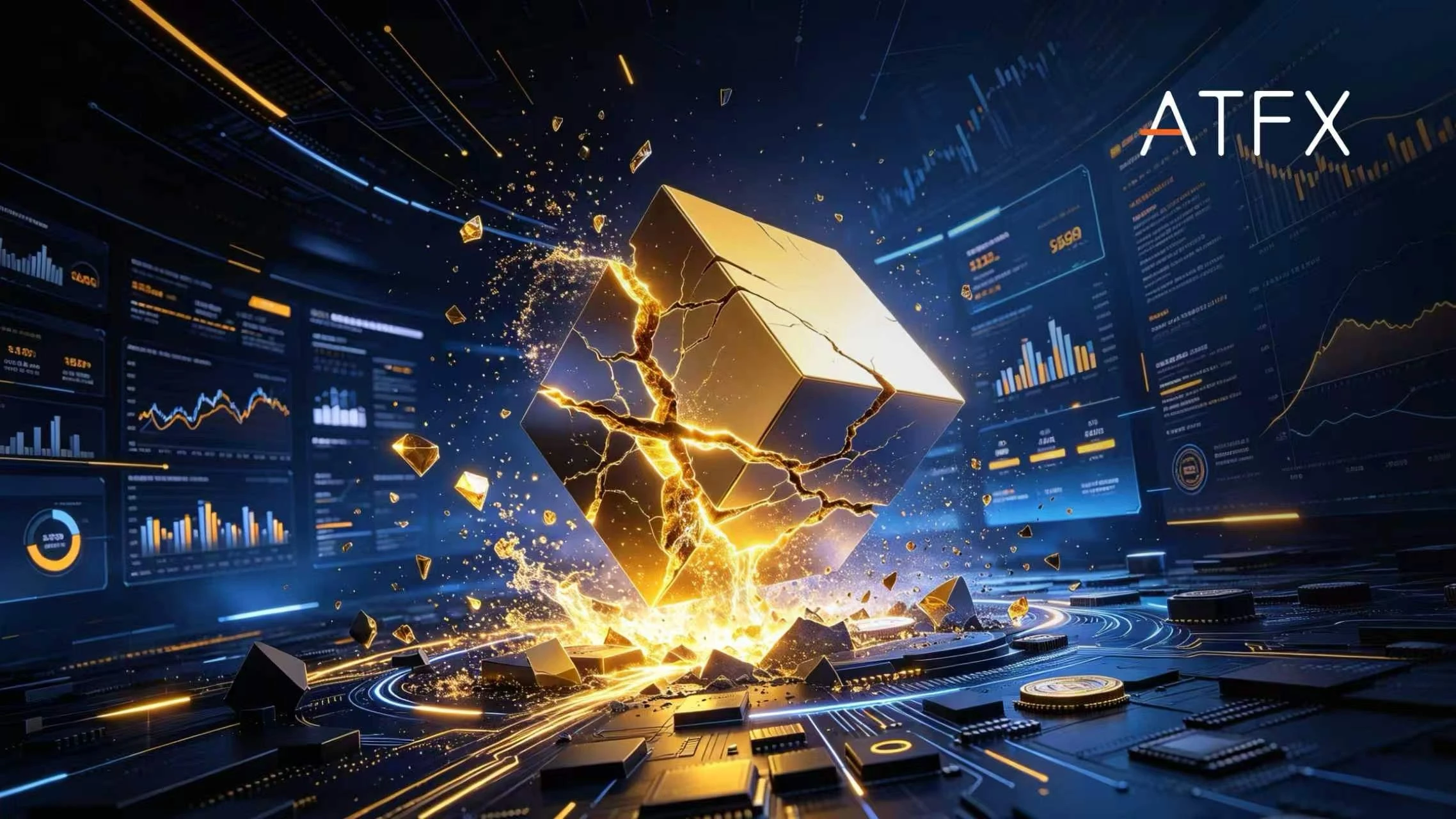 A cracked golden cube radiating glowing light against futuristic digital trading dashboards with the "ATFX" logo.