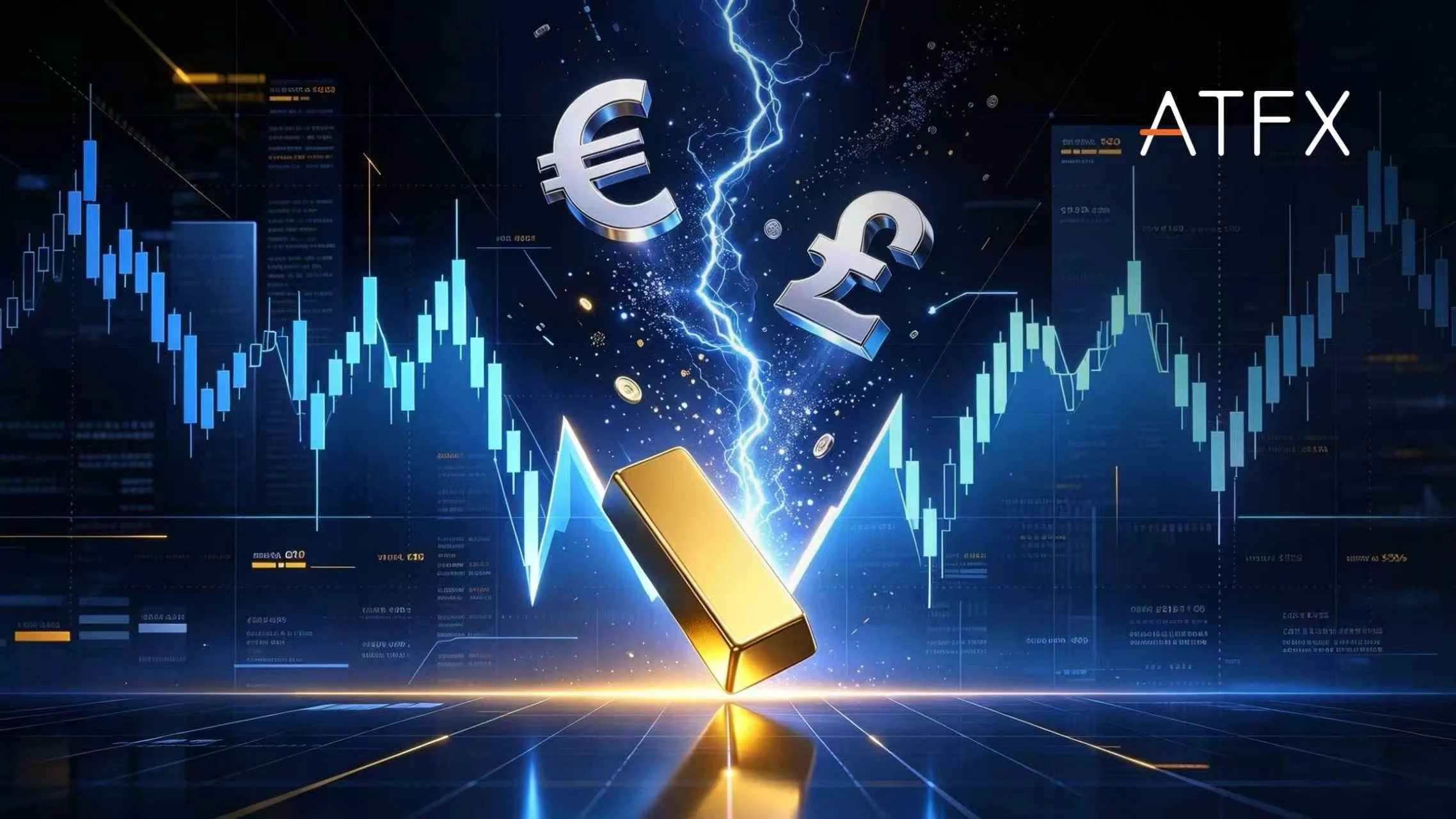 Silver Euro and Pound symbols hover near blue lightning striking a gold bar on a dark chart under the ATFX logo.