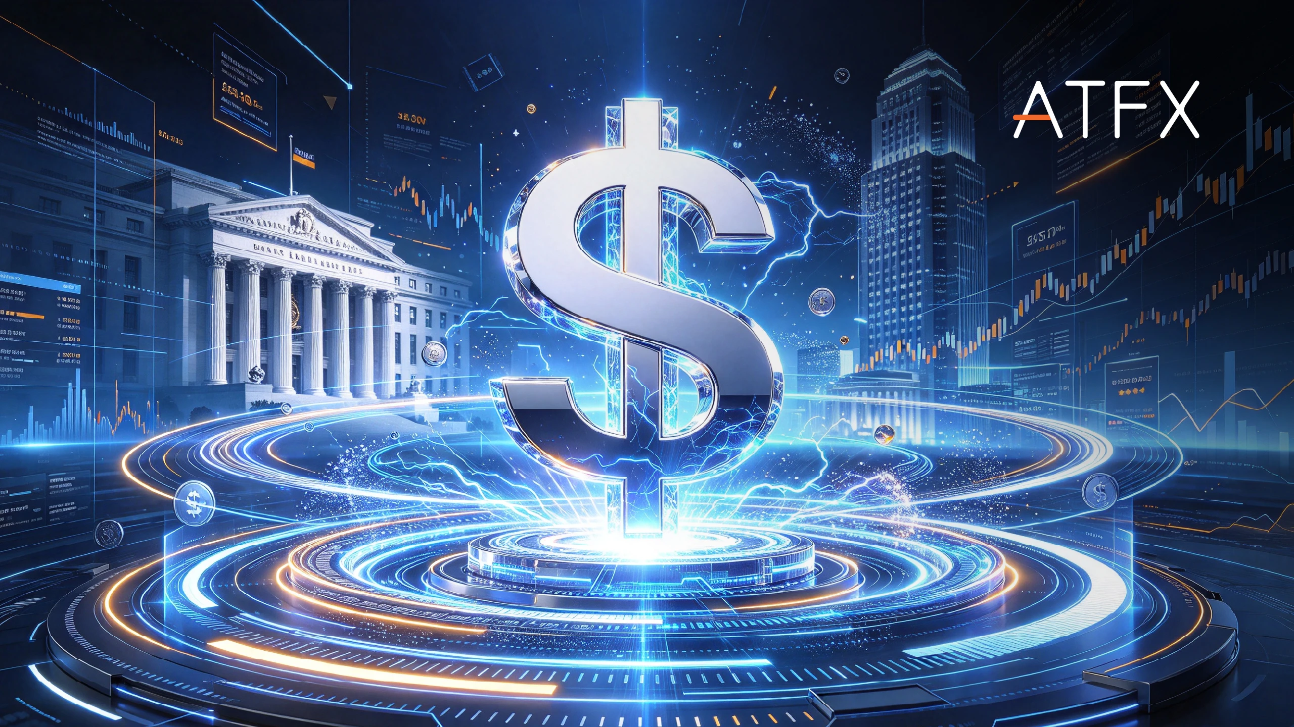 Silver Euro and Pound symbols with blue lightning above a gold bar on a dark blue chart with the ATFX logo.