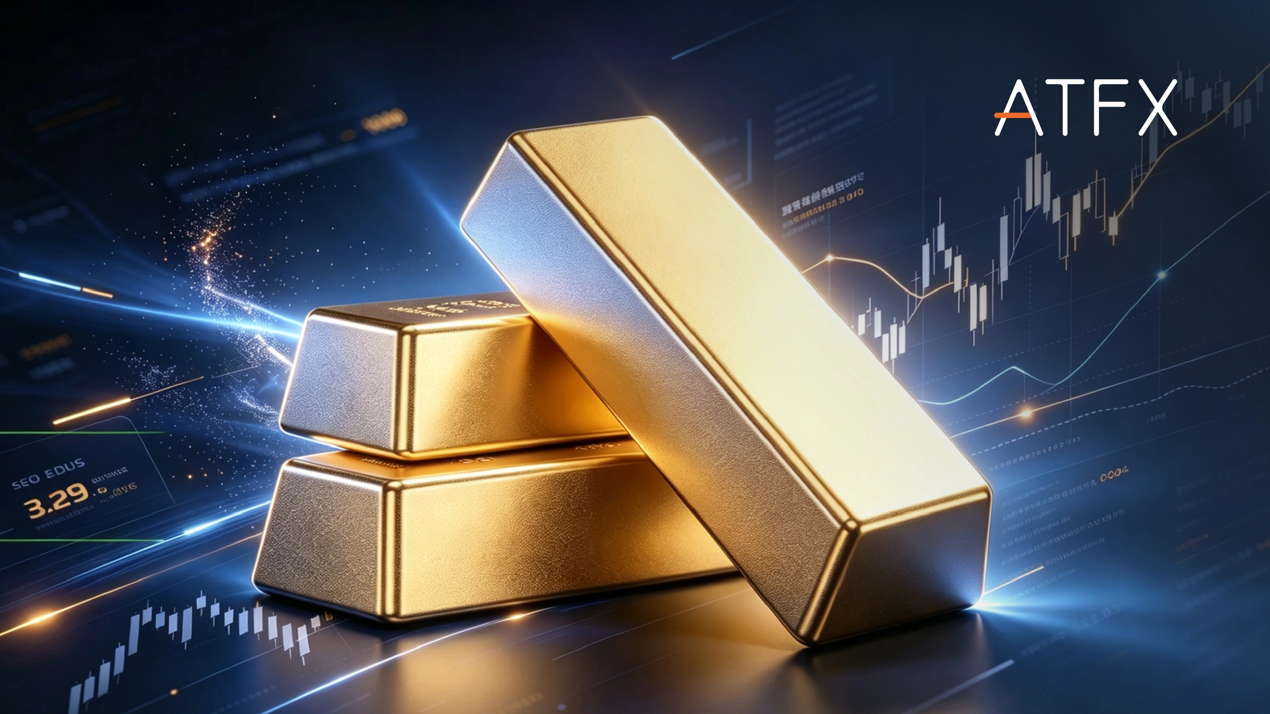 Three gleaming gold bars against a dark blue trading backdrop with candlestick charts and the "ATFX" logo.