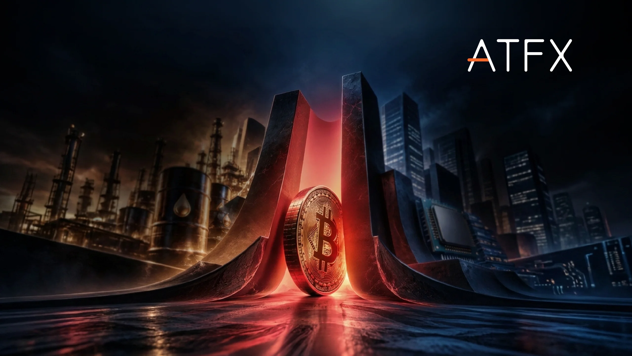Bitcoin coin caught between two curved barriers, with oil refinery tanks on one side and a tech skyline and microchip on the other, beside the ATFX logo